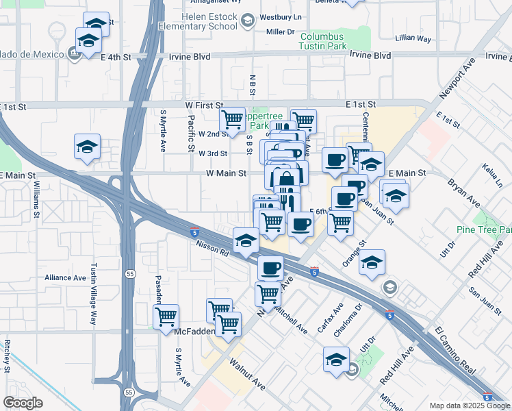 map of restaurants, bars, coffee shops, grocery stores, and more near 300 South C Street in Tustin
