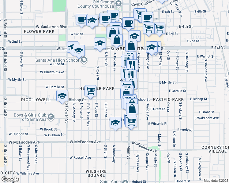 map of restaurants, bars, coffee shops, grocery stores, and more near 438 South Broadway in Santa Ana