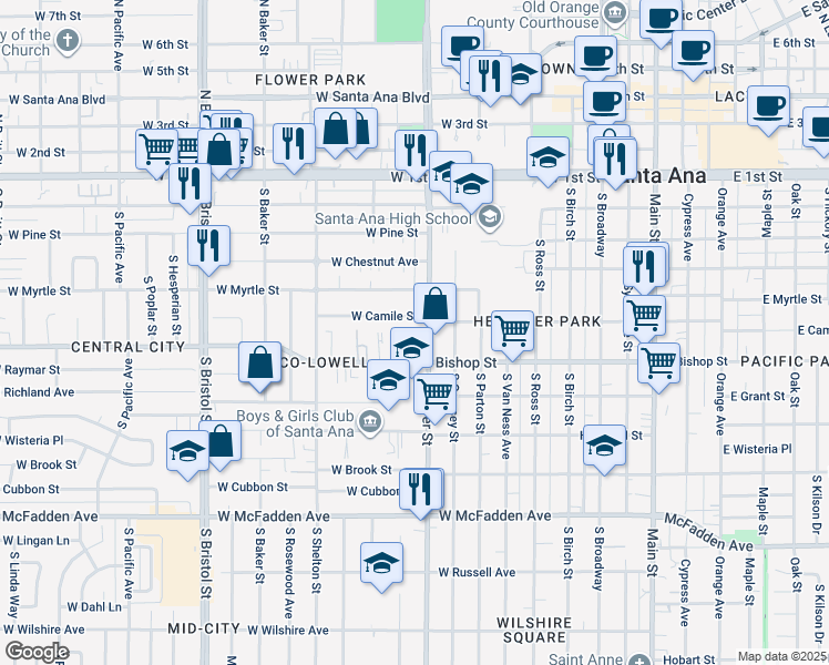 map of restaurants, bars, coffee shops, grocery stores, and more near 927 West Camile Street in Santa Ana