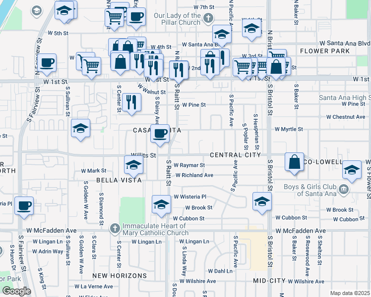 map of restaurants, bars, coffee shops, grocery stores, and more near 518 Nottingham Avenue in Santa Ana
