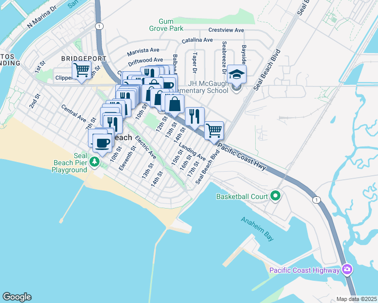 map of restaurants, bars, coffee shops, grocery stores, and more near 312 15th Street in Seal Beach