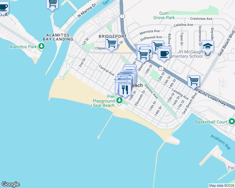 map of restaurants, bars, coffee shops, grocery stores, and more near 114 7th Street in Seal Beach