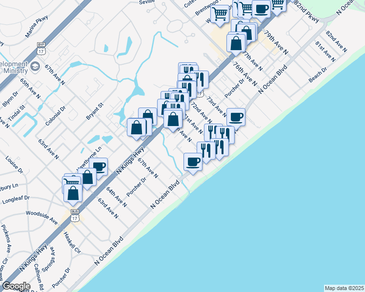 map of restaurants, bars, coffee shops, grocery stores, and more near in Myrtle Beach