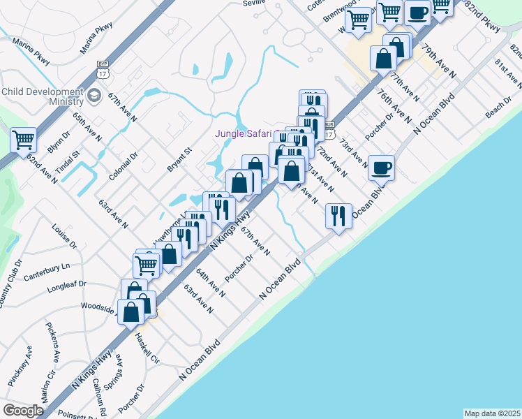 map of restaurants, bars, coffee shops, grocery stores, and more near 6803 North Kings Highway in Myrtle Beach