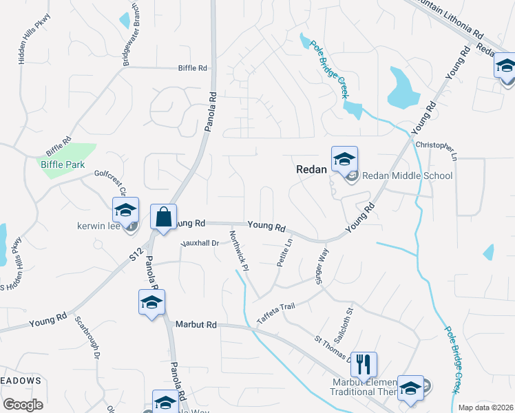 map of restaurants, bars, coffee shops, grocery stores, and more near 1671 Laurel Creek Circle in Lithonia