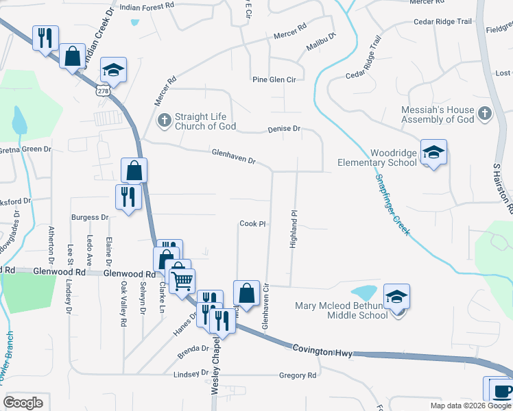 map of restaurants, bars, coffee shops, grocery stores, and more near 4346 Christine Court in Decatur