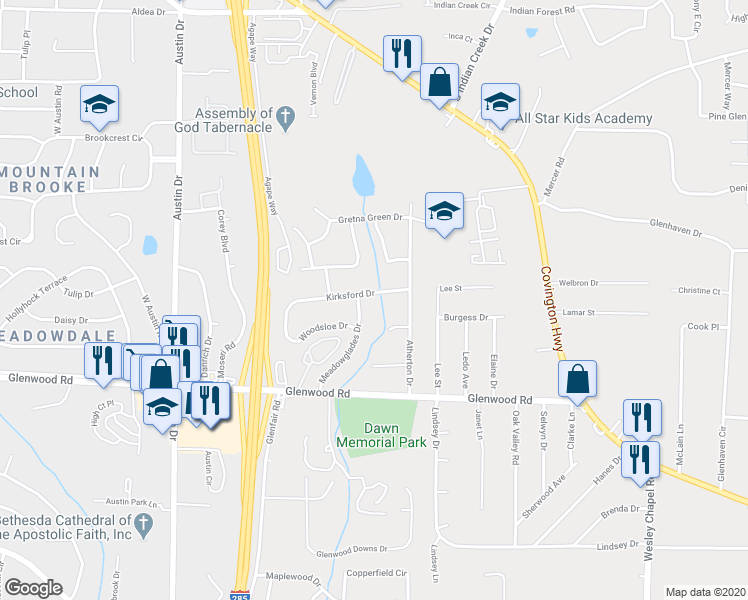 map of restaurants, bars, coffee shops, grocery stores, and more near 4024 Kirksford Drive in Decatur