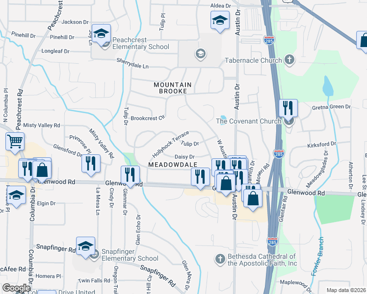 map of restaurants, bars, coffee shops, grocery stores, and more near 1684 Hollyhock Terrace in Decatur
