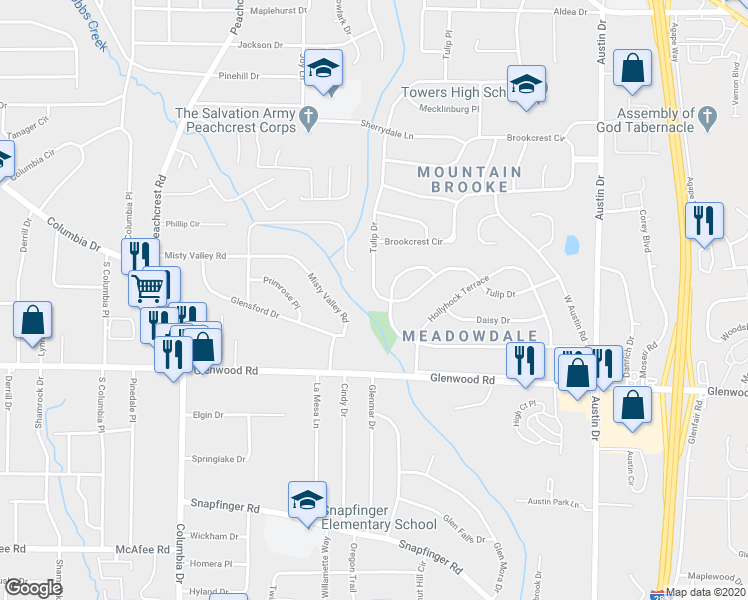 map of restaurants, bars, coffee shops, grocery stores, and more near 3595 Brookfield Lane in Decatur