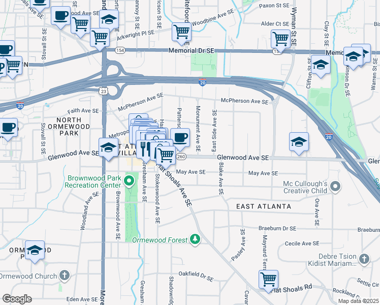 map of restaurants, bars, coffee shops, grocery stores, and more near 483 Monument Avenue Southeast in Atlanta