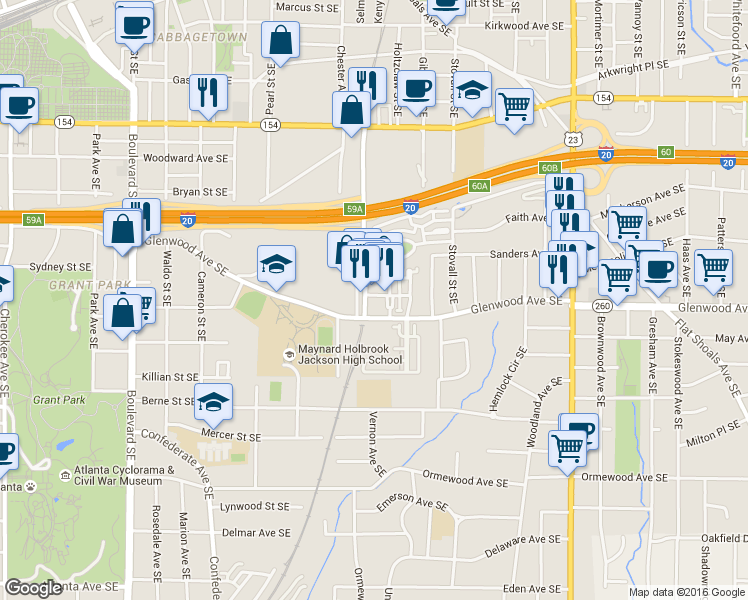 map of restaurants, bars, coffee shops, grocery stores, and more near 880 Glenwood Avenue Southeast in Atlanta