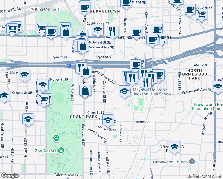 map of restaurants, bars, coffee shops, grocery stores, and more near 709 Glenwood Avenue Southeast in Atlanta