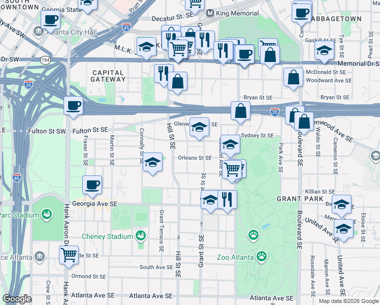 map of restaurants, bars, coffee shops, grocery stores, and more near 503 Broyles Street Southeast in Atlanta