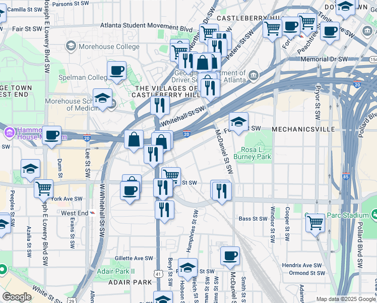 map of restaurants, bars, coffee shops, grocery stores, and more near 515 Wells Street Southwest in Atlanta