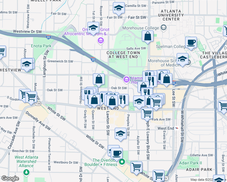 map of restaurants, bars, coffee shops, grocery stores, and more near 1060 Oak Street Southwest in Atlanta