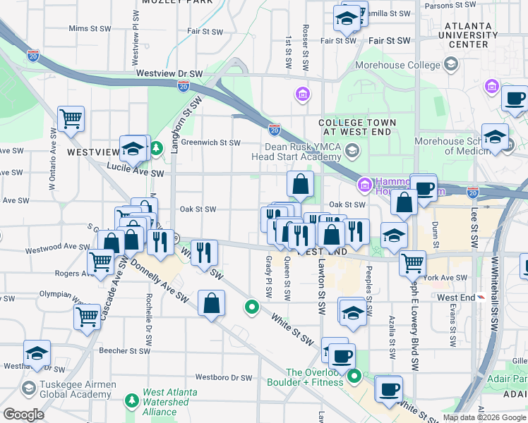 map of restaurants, bars, coffee shops, grocery stores, and more near 538 Holderness Street Southwest in Atlanta