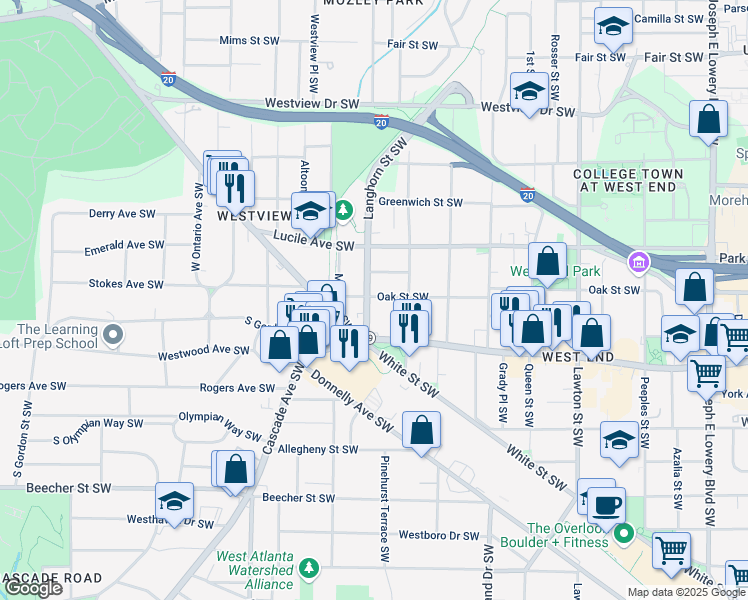 map of restaurants, bars, coffee shops, grocery stores, and more near 540 Langhorn Street Southwest in Atlanta