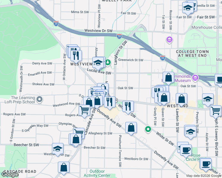 map of restaurants, bars, coffee shops, grocery stores, and more near 520 Muse Street Southwest in Atlanta