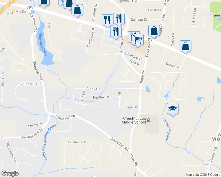 map of restaurants, bars, coffee shops, grocery stores, and more near 3849 Cindy Drive in Douglasville