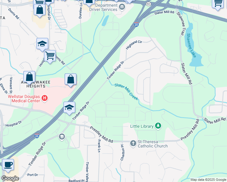 map of restaurants, bars, coffee shops, grocery stores, and more near 2489 Cotton Lane in Douglasville