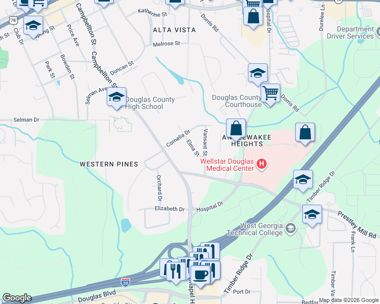 map of restaurants, bars, coffee shops, grocery stores, and more near 8813 Elma Street in Douglasville