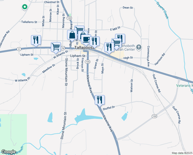 map of restaurants, bars, coffee shops, grocery stores, and more near 91 Mays Street in Tallapoosa