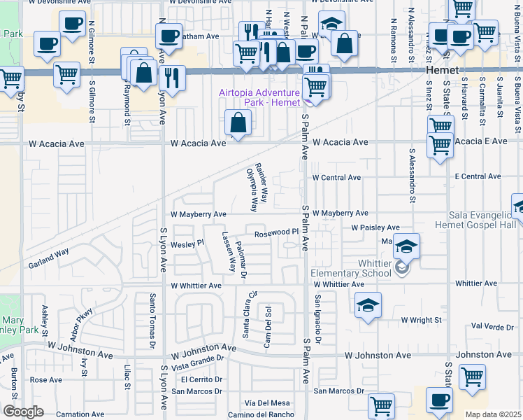 map of restaurants, bars, coffee shops, grocery stores, and more near 1140 West Mayberry Avenue in Hemet