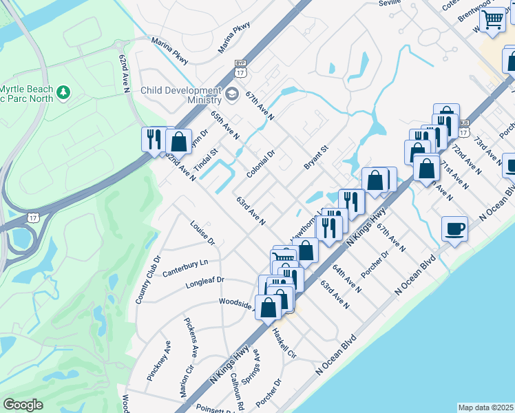 map of restaurants, bars, coffee shops, grocery stores, and more near 6306B Wedgewood Street in Myrtle Beach