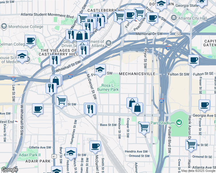 map of restaurants, bars, coffee shops, grocery stores, and more near 477 Windsor Street Southwest in Atlanta