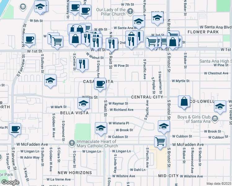 map of restaurants, bars, coffee shops, grocery stores, and more near 518 Nottingham Avenue in Santa Ana