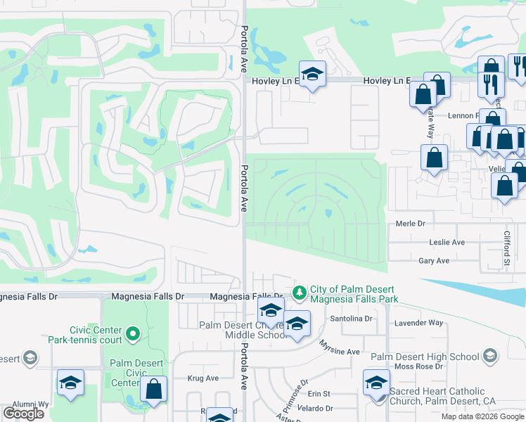 map of restaurants, bars, coffee shops, grocery stores, and more near 73974 Zircon Circle West in Palm Desert