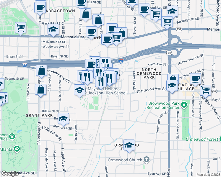 map of restaurants, bars, coffee shops, grocery stores, and more near 925 Garrett Street in Atlanta