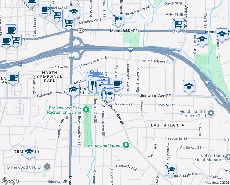 map of restaurants, bars, coffee shops, grocery stores, and more near 481 Patterson Avenue Southeast in Atlanta