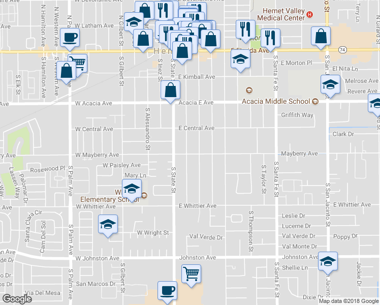 map of restaurants, bars, coffee shops, grocery stores, and more near 440 South Harvard Street in Hemet