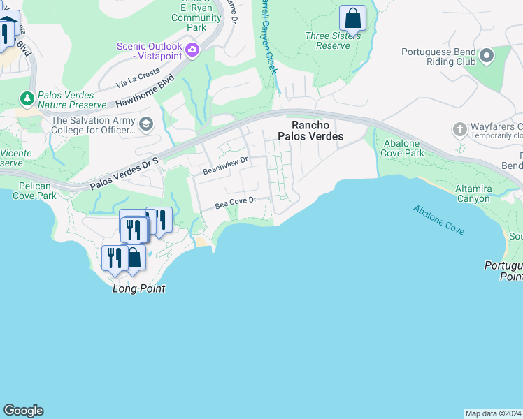 map of restaurants, bars, coffee shops, grocery stores, and more near 6410 Sea Cove Drive in Rancho Palos Verdes