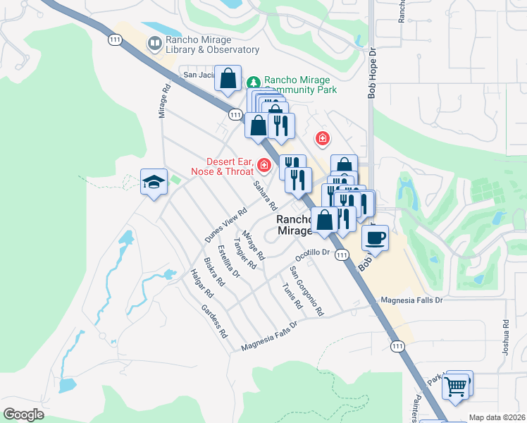 map of restaurants, bars, coffee shops, grocery stores, and more near 42278 Dunes View Road in Rancho Mirage