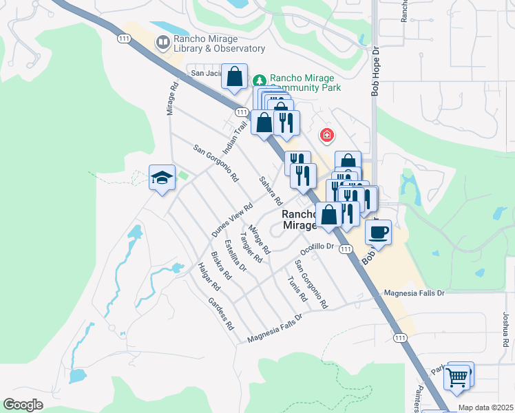 map of restaurants, bars, coffee shops, grocery stores, and more near 42356 Dunes View Road in Rancho Mirage