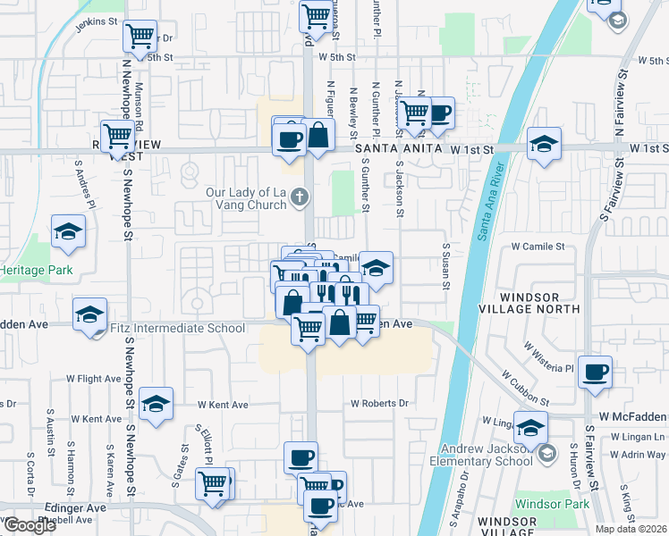 map of restaurants, bars, coffee shops, grocery stores, and more near 3700 West Camile Street in Santa Ana