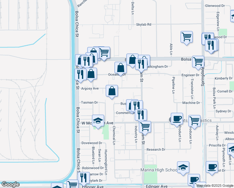 map of restaurants, bars, coffee shops, grocery stores, and more near 5340 Argosy Avenue in Huntington Beach