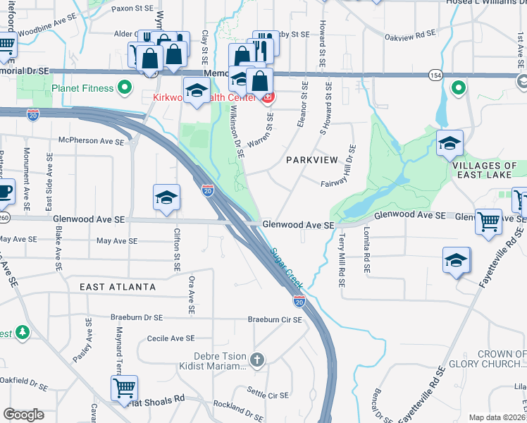 map of restaurants, bars, coffee shops, grocery stores, and more near 430 Wilkinson Drive Southeast in Atlanta