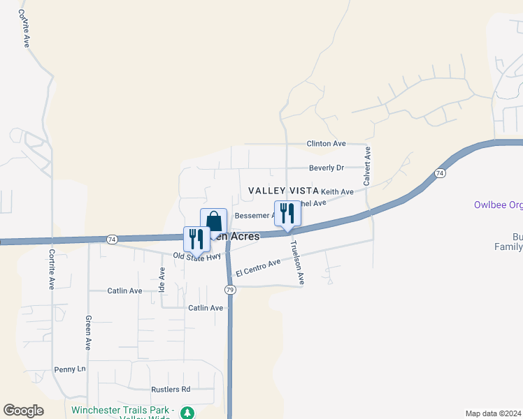 map of restaurants, bars, coffee shops, grocery stores, and more near 33620 Bessemer Avenue in Hemet