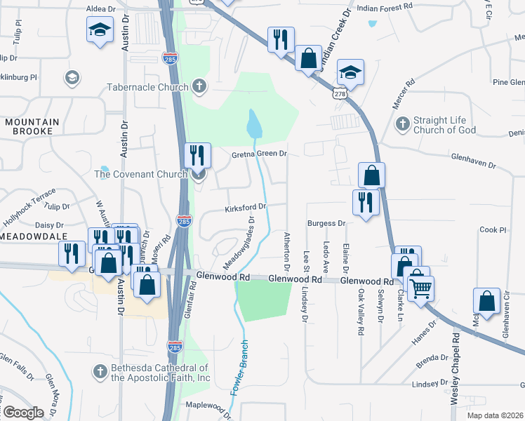 map of restaurants, bars, coffee shops, grocery stores, and more near 4024 Kirksford Drive in Decatur