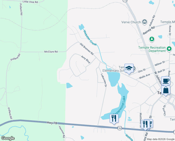 map of restaurants, bars, coffee shops, grocery stores, and more near 248 Amy Boulevard in Temple