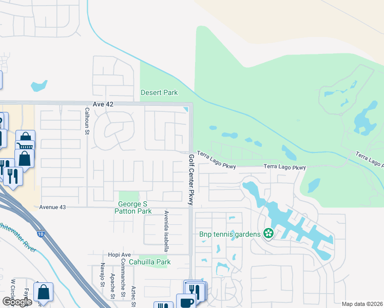 map of restaurants, bars, coffee shops, grocery stores, and more near Golf Center Parkway & Collection Drive in Indio