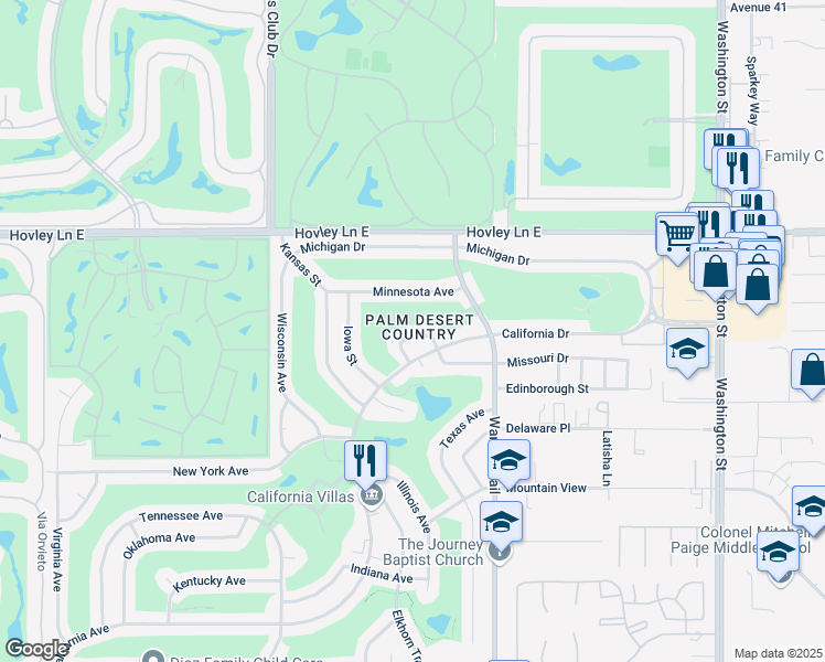 map of restaurants, bars, coffee shops, grocery stores, and more near 77318 Missouri Drive in Palm Desert