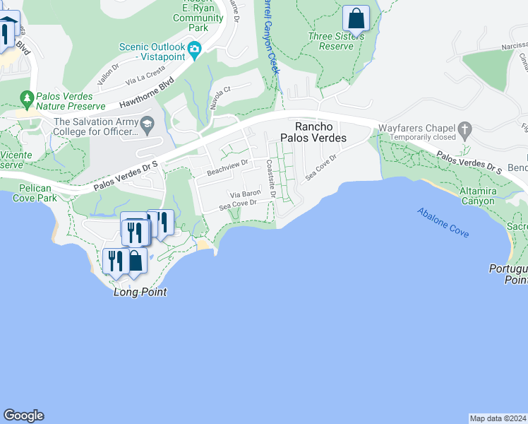 map of restaurants, bars, coffee shops, grocery stores, and more near 6410 Sea Cove Drive in Rancho Palos Verdes