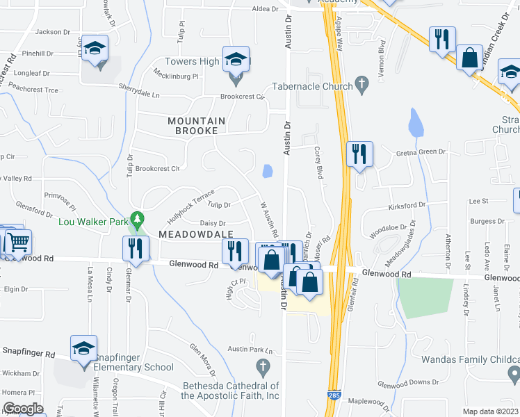 map of restaurants, bars, coffee shops, grocery stores, and more near 1783 West Austin Road in Decatur