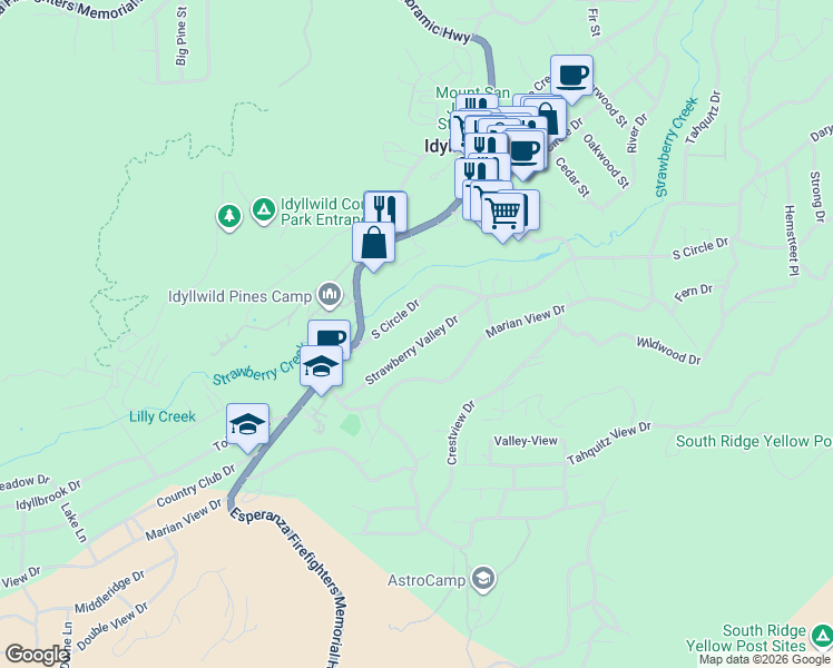 map of restaurants, bars, coffee shops, grocery stores, and more near 54160 Strawberry Valley Drive in Idyllwild-Pine Cove