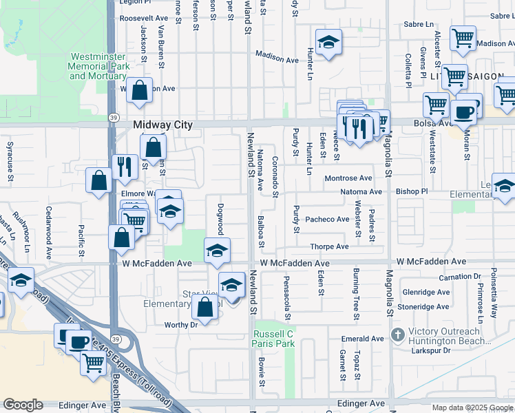 map of restaurants, bars, coffee shops, grocery stores, and more near 8492 Aspenwood Avenue in Westminster