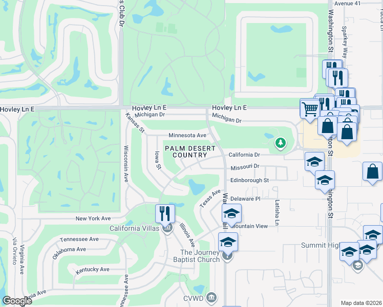 map of restaurants, bars, coffee shops, grocery stores, and more near 77326 Missouri Drive in Palm Desert